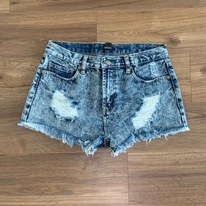 Medium Wash Distressed Denim High Waisted Shorts